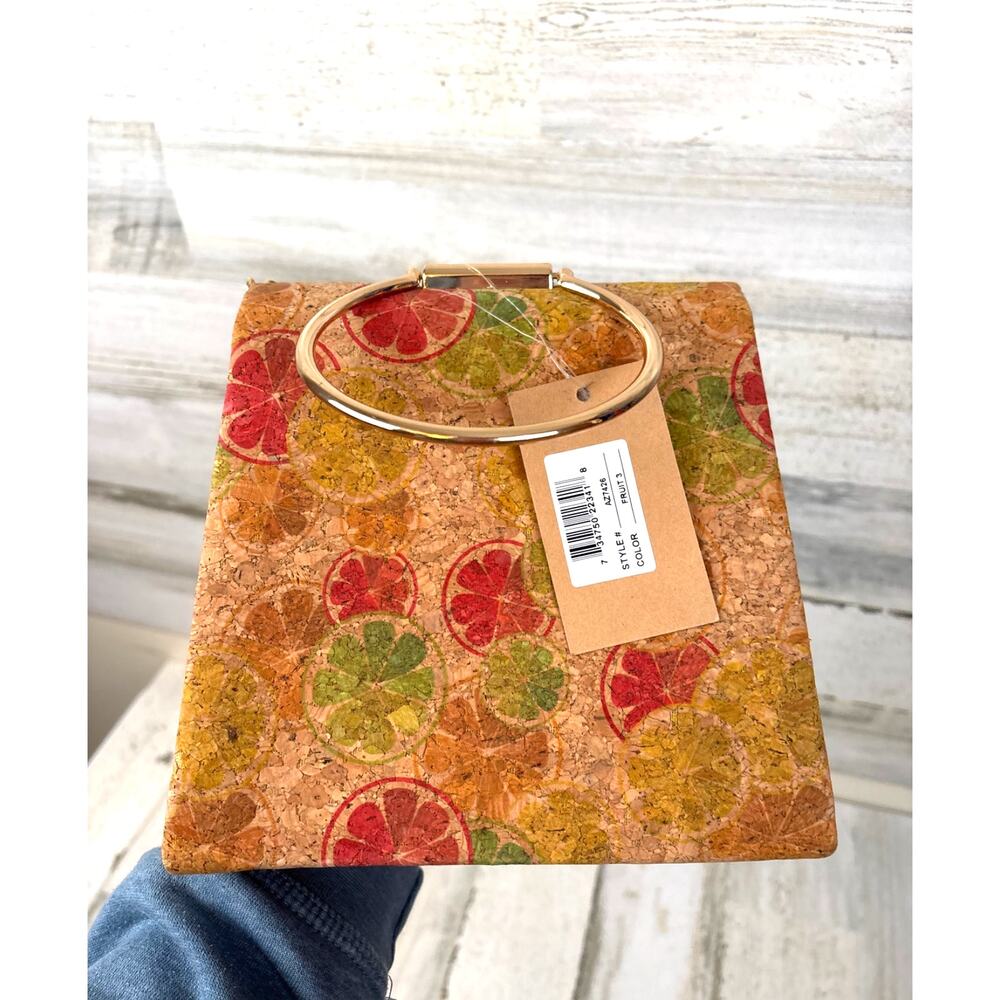 Savanna Womens Tan Multi Cork Handle Chain Fruit Boho Tassel Crossbody Bag NWT